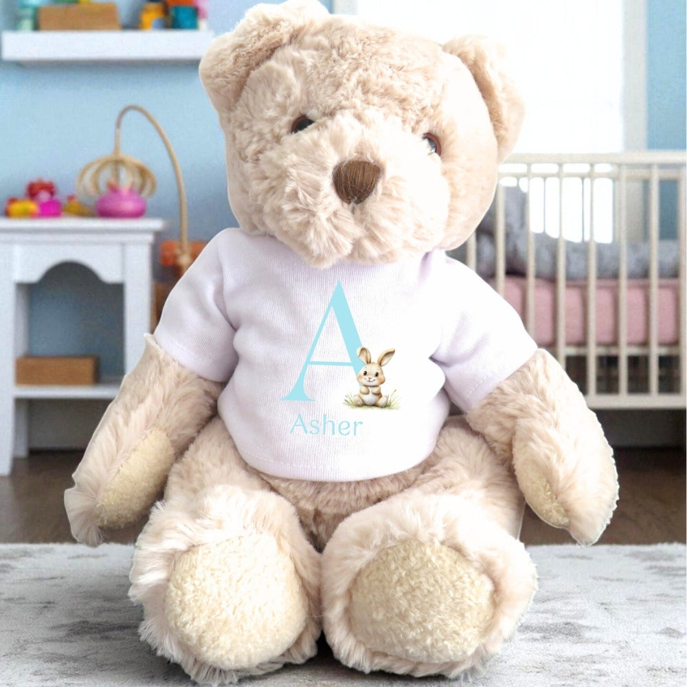 Personalised Blue Initial Bunny Gift Hamper - Teddy & Baby Vest