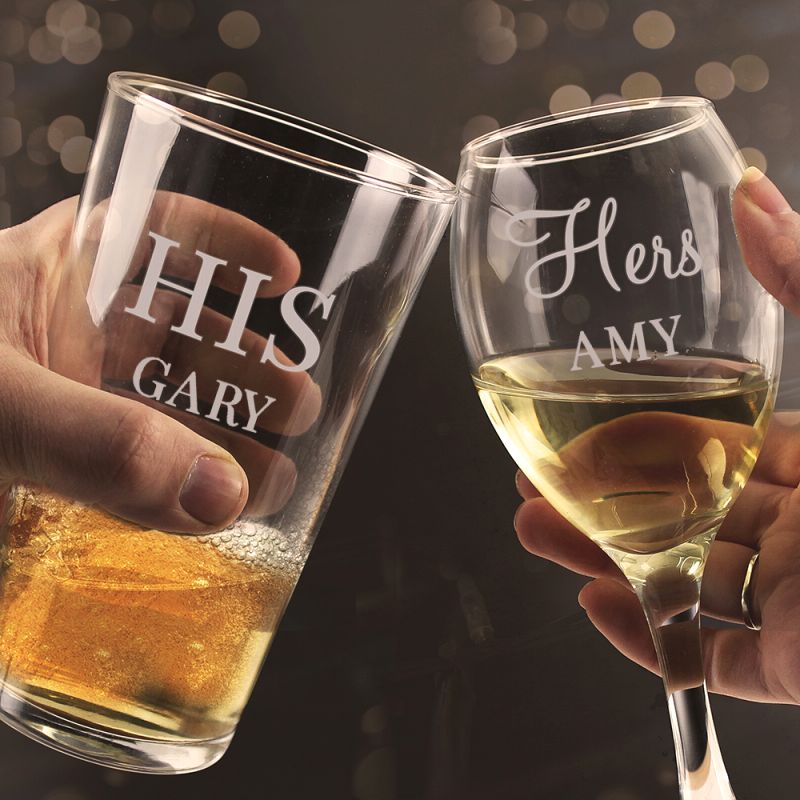 Personalised His & Her Pint and Wine Glass Set